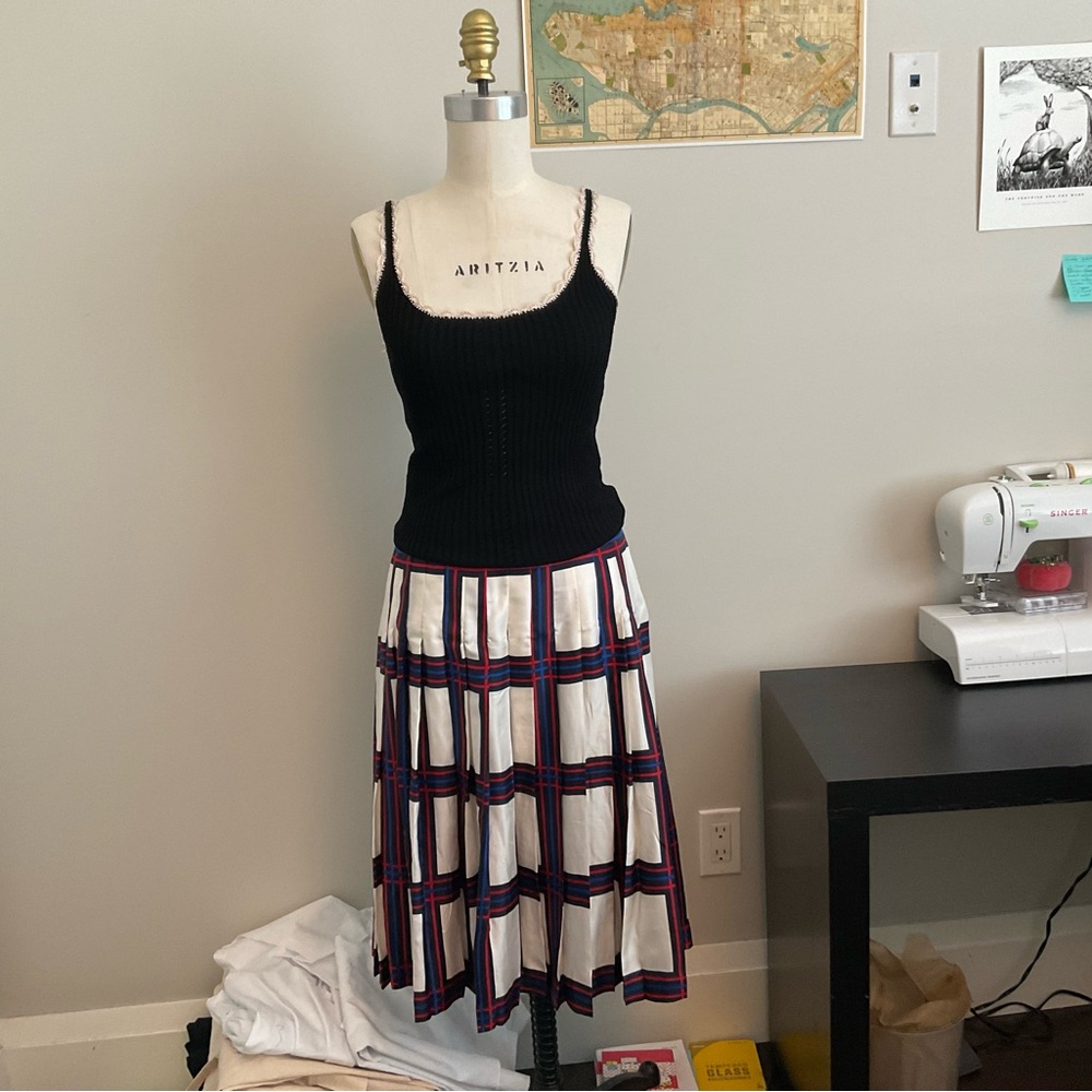 Tory Burch White Pleated Skirt with Navy & Red Plaid